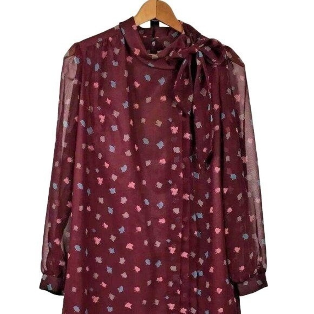 Vtg 60s‎ Chiffon Pussybow Dress L 44" Burgundy Leaves Union Made USA Leaf Print
